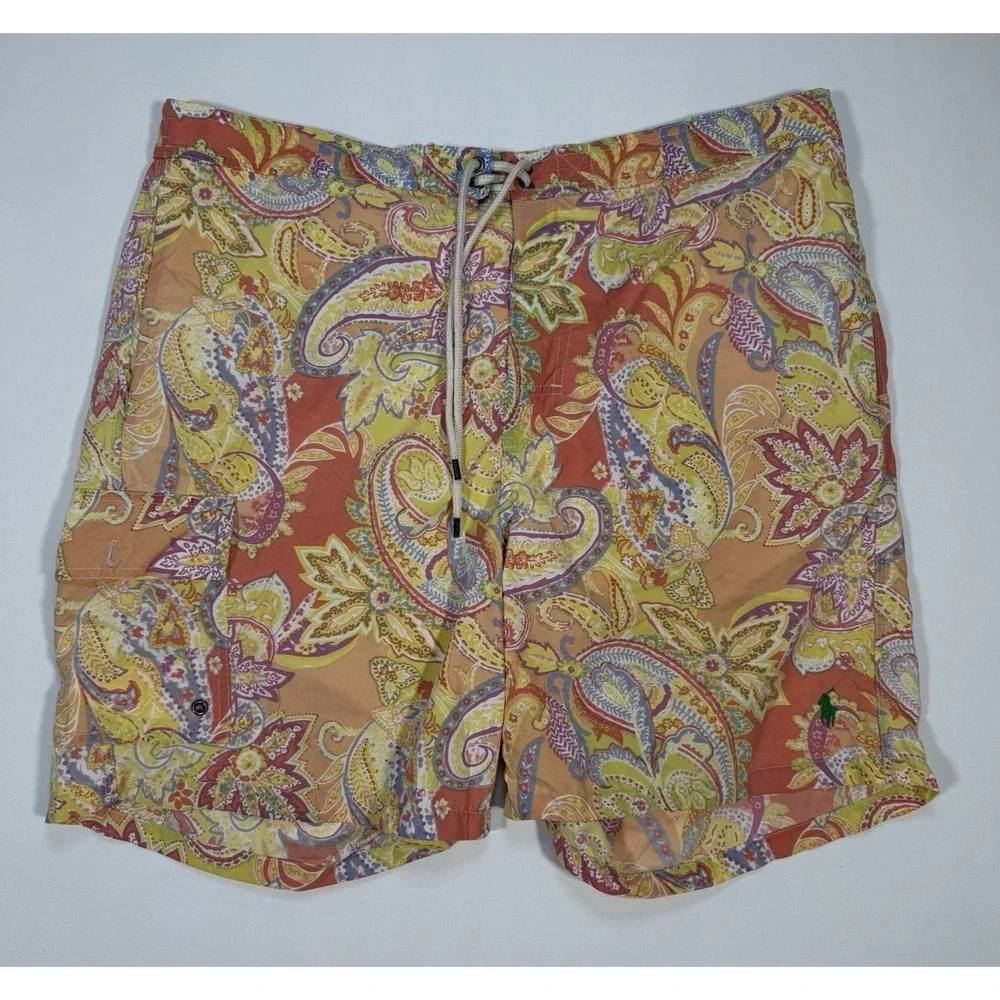 Polo Ralph Lauren Mens XL Paisley Swim Trunks Orange Yellow Floral Pattern